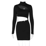 Women Dresses Spring Sexy Hollow-out Slim-Fit Turtleneck Long Sleeve Dress