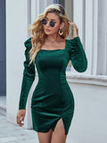 Women Dress Fall/Winter Slit Slim-Fitting Square Collar Long Sleeve Dress