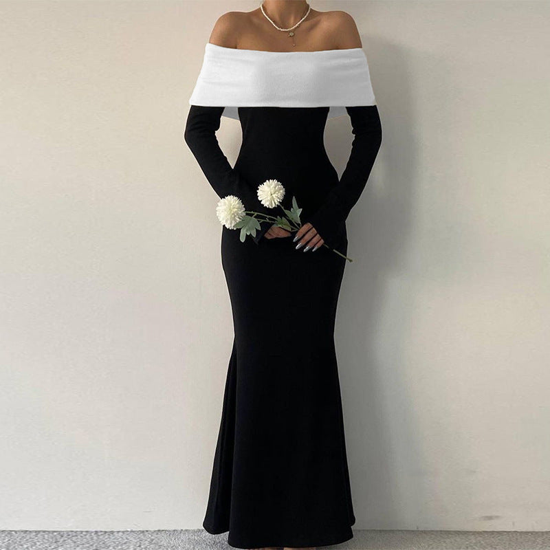 Women Dresse Slim Fit Dress off-the-Shoulder Long Sleeve Dress Sheath Dress