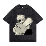 Chainsaw Man Washed Old Retro T-Shirt Street Casual Summer Short Sleeve