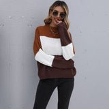 Women Knitted Sweater Autumn Brown Patchwork round Neck Long Sleeve Knitted Pullover Loose Sweater
