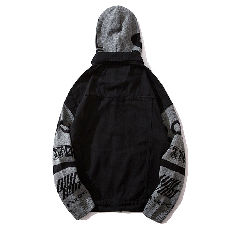 Men Jacket Coat Denim Jacket Men's Spring and Autumn Loose Long Sleeve Stitching Hooded