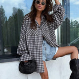 Women Trench Coat Black and White Plaid Long-Sleeved Shirt Women's Loose Casual