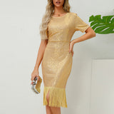 Women Date Dress round Neck Vintage Sequined Tassel Evening Dress