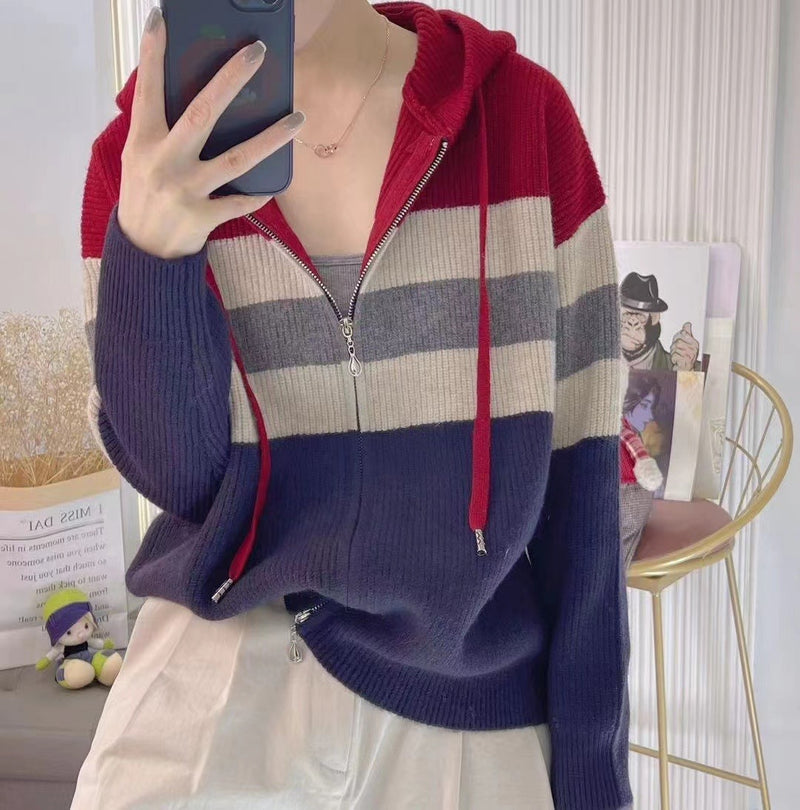 Women Knitwear Spring and Autumn Zipper Hooded Sweater Loose Knitted Cardigan