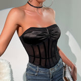 Women Party Tops Mesh Backless Pleated Rhombus Fishbone Top