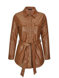 Women Leather Jacket Lapel Belt Decorative Brown Waist Brown Leather Coat Top