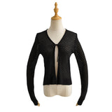 Women Sweater Knitwear Knitted Sun Protection Shirt Summer Slim Fit V-neck Hollow Lace-up Cardigan Jacket
