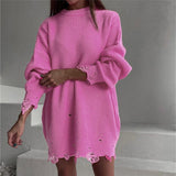 Ladies Leisure Knitwear Loose Solid Color Ripped Sweater round Neck Pullover Long Sleeve Sweater