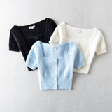 Women Sweater Knitwear Square Collar Short Sleeve T-shirt Spring and Summer Single-Breasted Top