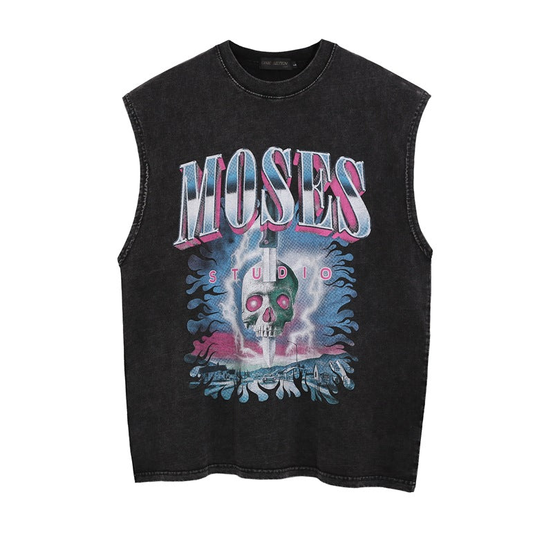 Men Vest Vintage Skull Print round Neck Sleeveless Vest