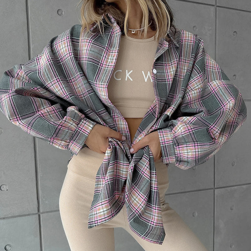 Women Trench Coat Color Plaid Shirt Autumn and Winter Thin Plaid Long Sleeve Shirt