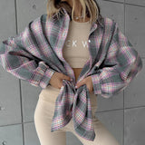 Women Trench Coat Color Plaid Shirt Autumn and Winter Thin Plaid Long Sleeve Shirt