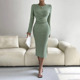 Women Dress round Neck Slim Fit Hip-Wrapped Mid-Length Dress Long Sleeve Dress