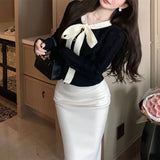Women Knitwear Autumn and Winter Bow Twist O-neck Short Sweaters Cardigan