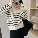 Women Knitwear Autumn and Winter Striped Half Zipper and Lapel Knitwear Loose Sweater