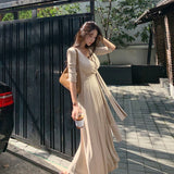 Women Dresses Beige Dress Lace-up Belt Slim Fit Dress V-neck