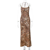 Women Dresses Summer Sexy Backless Lace up Leopard Print Dress