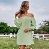 Women Dress Spring/Summer Loose Casual Short Skirt off-Shoulder Braces Long Sleeve Dress