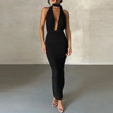 Women Dresses Summer Sexy Deep V-neck Backless Fold Split Dress