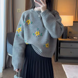 Women Knitted Pullover Hand Embroidery Flower Sweater