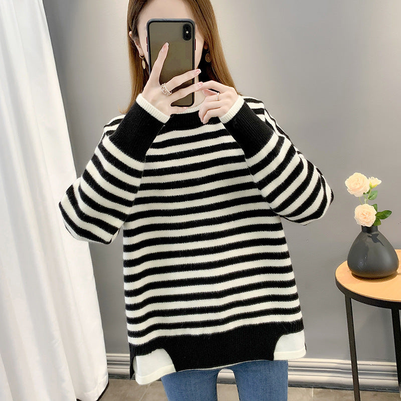 Women Knitwear Autumn and Winter round Neck Striped Sweater Loose Pullover