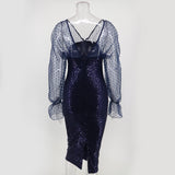Women's Evening Gown Sexy Retro Mesh Long Sleeve Stitching Sequins Dress
