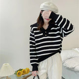 Women Knitwear Autumn and Winter Striped Lapel Knitwear Loose Sweater