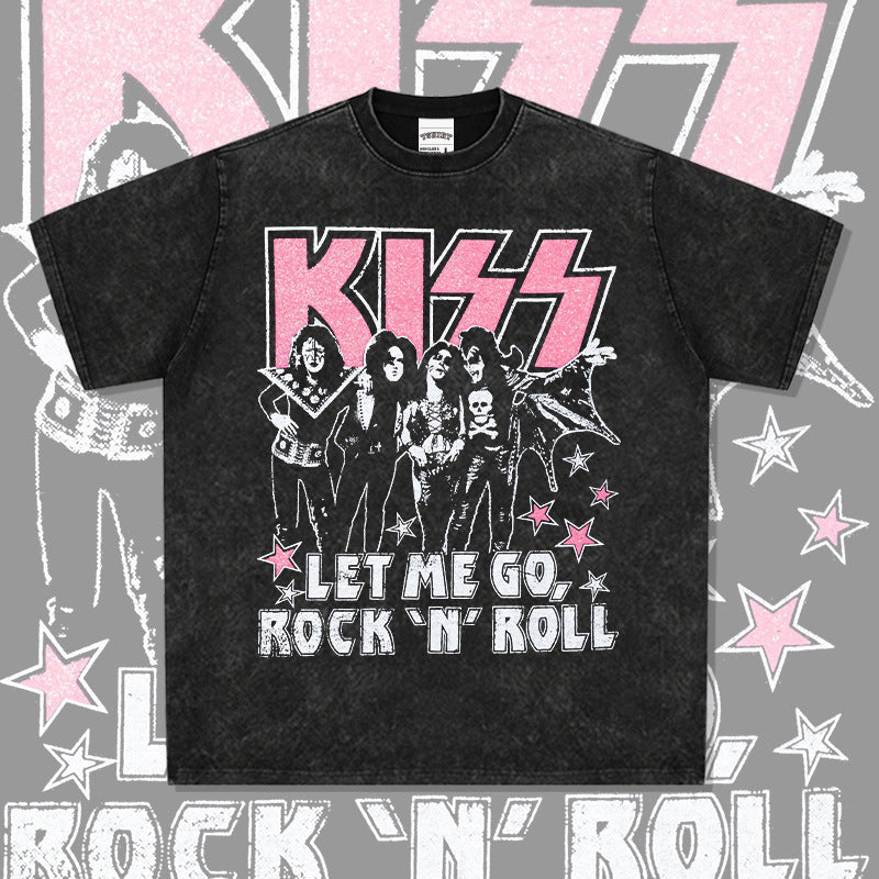 Mens Vintage Rock Band T-Shirt KISS Washed, Short Sleeve T-Shirt Crew Neck