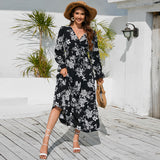 Women Date Dress Autumn and Winter Leisure Floral Print Long Sleeve Lace up Casual Dress Maxi Dress