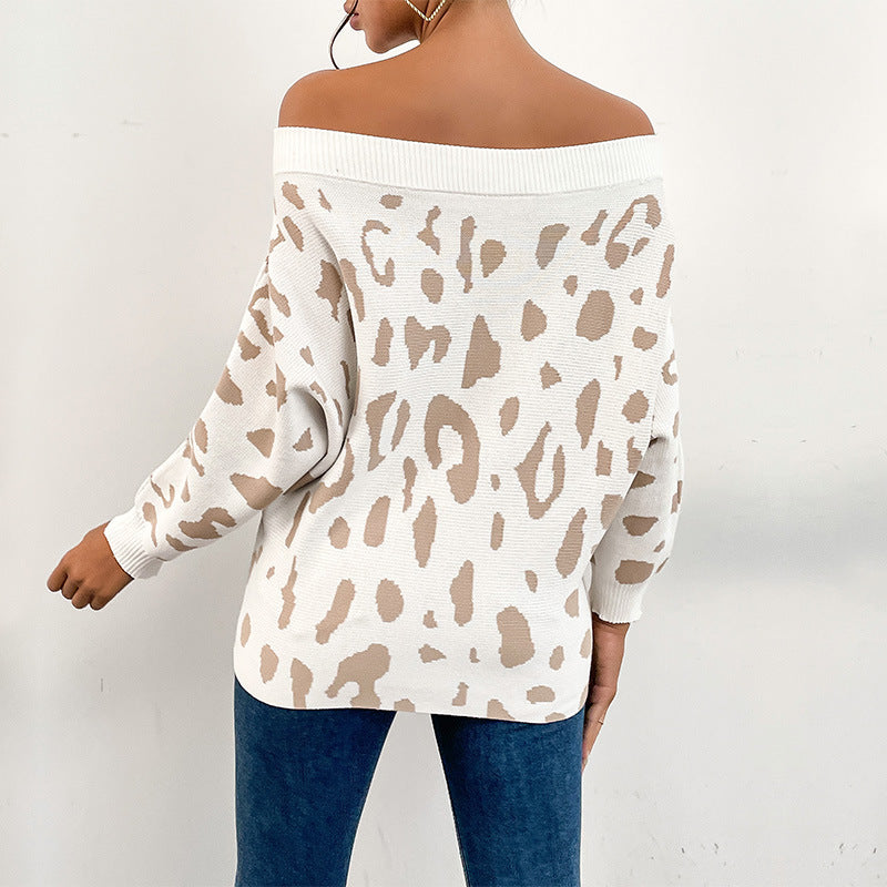 Women Knitted Sweater Autumn and Winter Knitting Leopard Print Long Sleeve off-Shoulder off-the-Shoulder Sweater