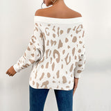 Women Knitted Sweater Autumn and Winter Knitting Leopard Print Long Sleeve off-Shoulder off-the-Shoulder Sweater