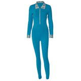 Women Jumpsuit Spring Lapel Zipper Slim Fit Long Sleeve Jumpsuit