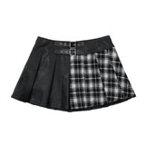 Women Skirt Plaid Stitching PU Leather Skirt