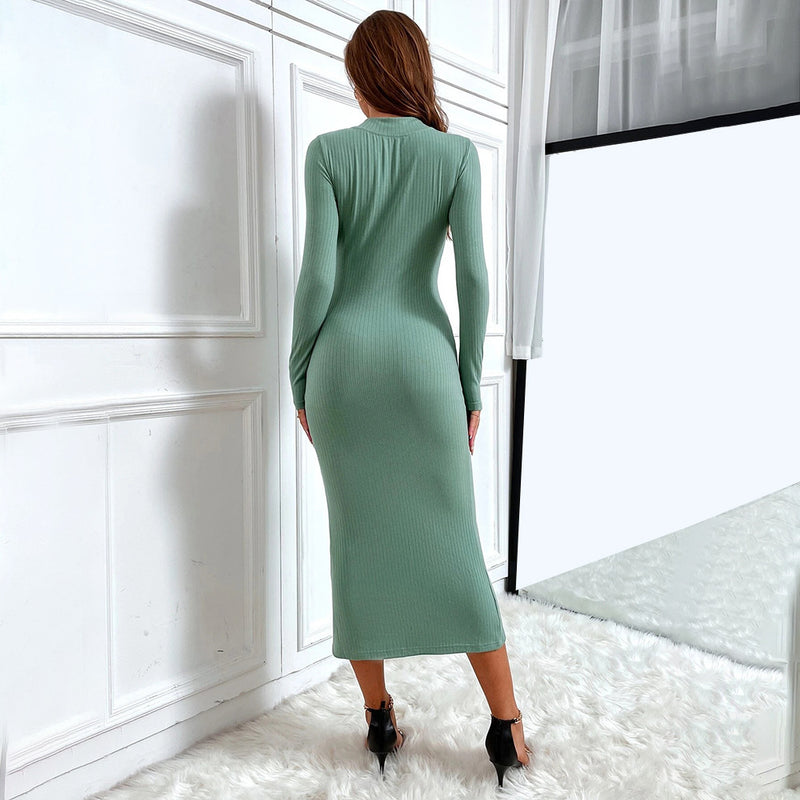 Women Dress Summer Sexy Slit Slim Fit V-neck Long-Sleeve Dress
