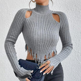 Women Knitted Sweater Sweaters Women's Clothing Turtleneck Long Sleeve Distressed Sexy Cutout Sweater