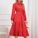 Women Date Dress Stand-up Collar Bowknot Dress Autumn and Winter