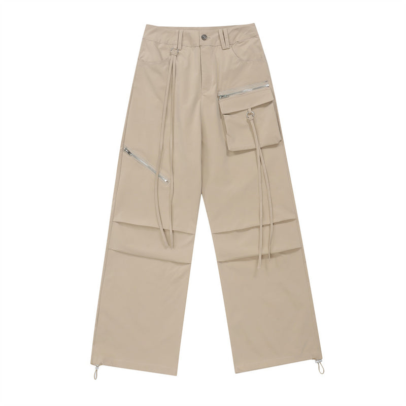 Women Pants Overalls Pocket Pleated Straight Casual Pants Drawstring Ankle-Tied Trousers