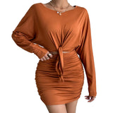 Women Dress Winter Long Sleeve round Neck Hollow Sheath Skirt