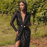 Women Dresses Sexy V-neck Long Sleeve Split Dress