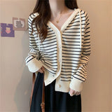 Women Knitwear Autumn and Winter Striped Hooded Sweater Loose Casual Knitted Cardigan