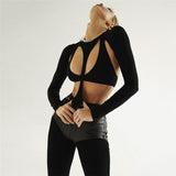 Women Jumpsuit Spring Sexy Backless Crew Neck Long Sleeved Fitted T-shirt
