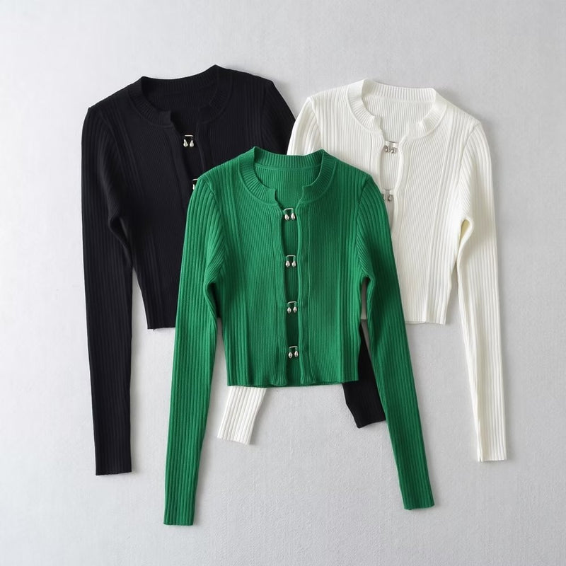 Women Sweater Knitwear Autumn Winter Sexy Knitted Single-Breasted Short Sweater Top