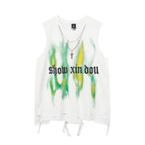 Men Vest Letter Graffiti Washed Make Old Ripped Sleeveless T-shirt