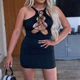 Women Dresses Summer Casual off-the-Shoulder Hollow-out Lace-up Short Dress (Bla0420)