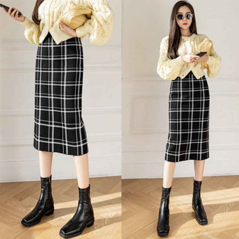 Women Knitted Skirt Autumn Vintage Black and White Plaid Knitted Plaid Sheath Skirt