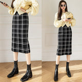 Women Knitted Skirt Autumn Vintage Black and White Plaid Knitted Plaid Sheath Skirt