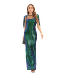 Women Evening Gown Sexy Retro Green Sequins Dress Evening Dress