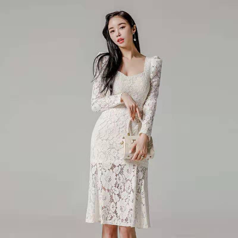 Women Maxi Dress Spring and Autumn Dress Square Collar Long Sleeve Lace Dress