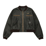 Women Jacket Short PU Leather Jacket Stand Collar Color Matching Zipper Jacket